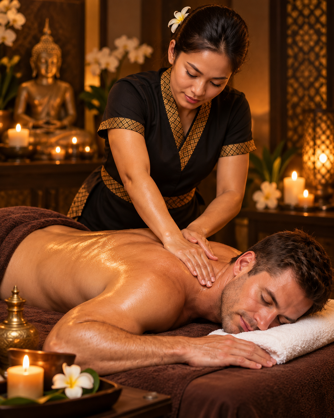 Deep tissue massage treatment focusing on back and shoulder tension in a relaxing Thai spa setting